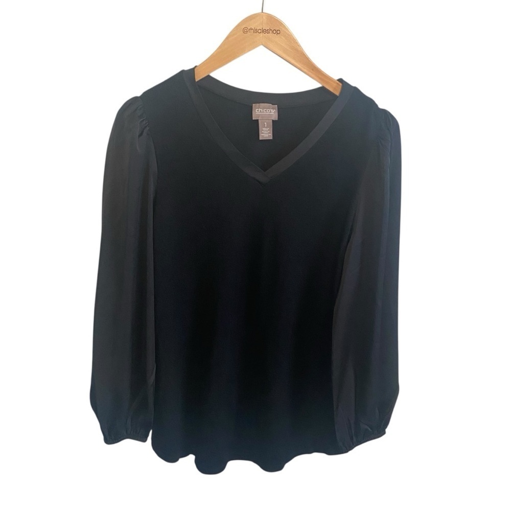Chico's Black V Neck Cashmere Blend Knit Satin Sleeve Top Size 1/M